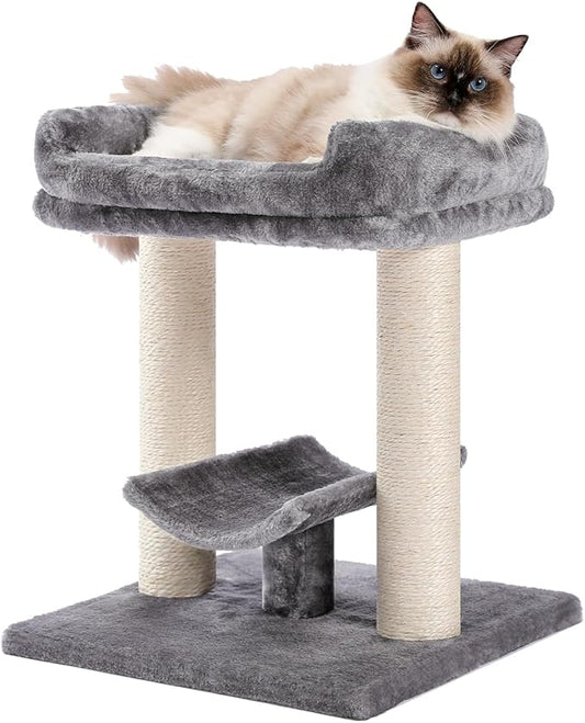 PETEPELA 19" Scratching Post, Cat Tree Tower, 100% Natural Sisal Scratcher With Large Plush Top Perch Bed, Cozy Platform for Kittens and Cats