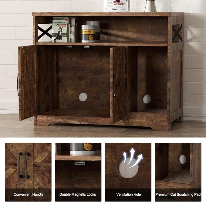 Cat Litter Box Enclosure, Hidden Litter Box Furniture with Scratch Pad, Farmhouse Indoor Cat House Washroom End Table, Rustic Brown