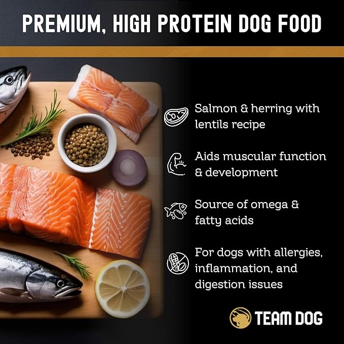 Team Dog Elite Blend Salmon Dog Food with Herring & Lentils | High Protein Dog Food for Sensitive Stomachs & Skin | Chicken Free, Gluten Free, GMO Free, No Corn, Wheat or Soy (33 lb)