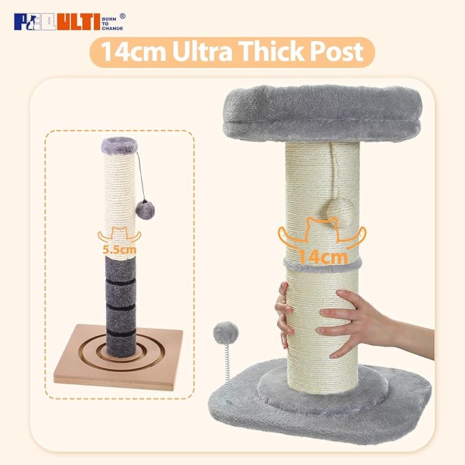 PEQULTI Cat Scratching Post, Tall Cat Scratcher for Indoor Cats with Super Thick Scratching Post [Dia=5.5''], Removable Fluffy Bed, Cat Scratch Post with Spring Ball, Grey