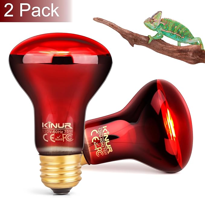 KINUR 75W Reptile Heat Lamp Bulb-Infrared Heat Emitter Red Heat Lamp for Reptile Amphibian, Infrared Basking Spot Light Bulb for Bearded Dragon,Turtle,Lizard,Snake,Gecko,Chick,Red,2 Pack