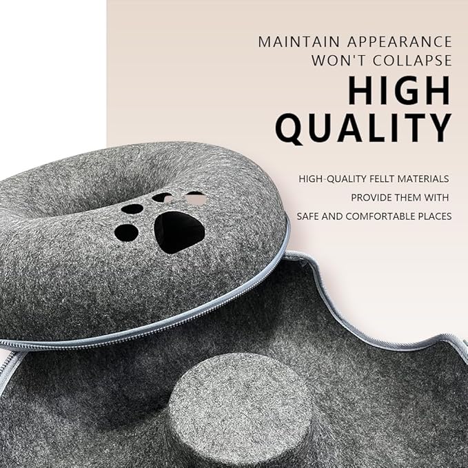 Tunnel nest, Donut nest, Fun Ventilation peep Hole, Detachable Zipper cat Bed, Felt Washable, All Season Universal cat Bed Suitable for Cats (Dark Gray, Small)