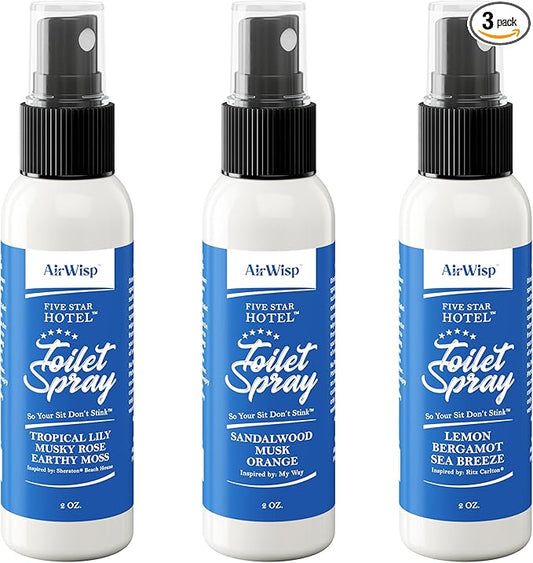 AirWisp Toilet Spray 3 Pack Variety Pack - Pre-Poop Spray Odor Eliminator - Most Popular Hotel Picks - 2 oz. Bottles - Up To 100 Uses Per Bottle - Travel Toiletry