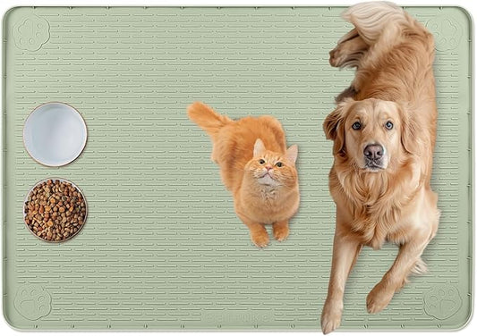 Cat Food Mat, 34" x 22" Large Silicone Pet Feeding Mat for Food and Water Bowls Non-Slip, Easy to Clean (Light Green)