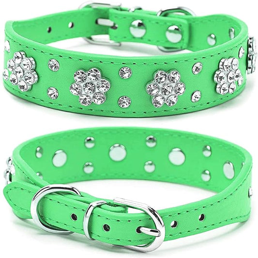 Rhinestone Dog Collar, Cute Flower Rhinestone Bling Collar - PU Leather, Adjustable Sizes S, M, L (Green)