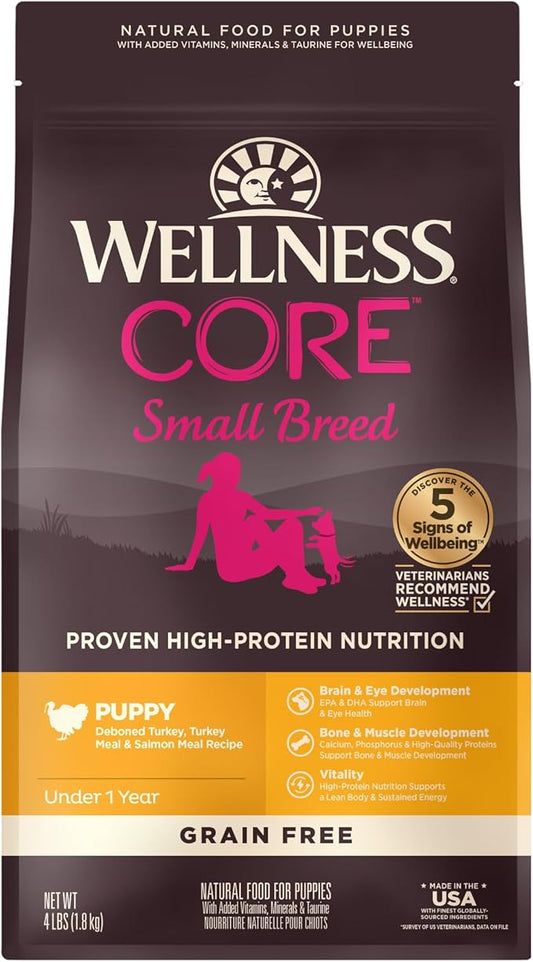 Wellness CORE Grain-Free High-Protein Small Breed Dry Dog Food, Natural Ingredients, Made in USA with Real Meat (Puppy, Turkey, 4-Pound Bag)