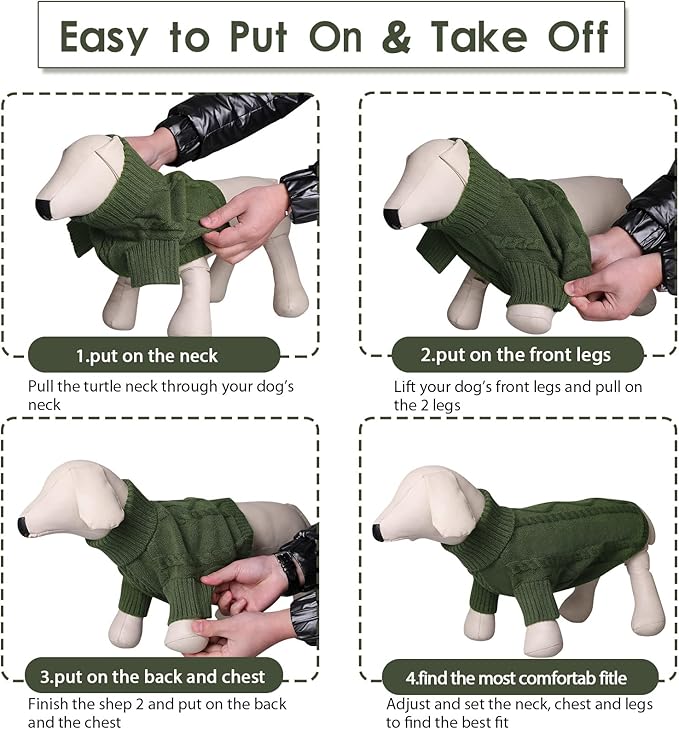 Queenmore Small Dog Pullover Sweater, Cold Weather Cable Knitwear, Classic Turtleneck Thick Warm Clothes for Chihuahua, Bulldog, Dachshund, Pug (Army Green, X-Large)
