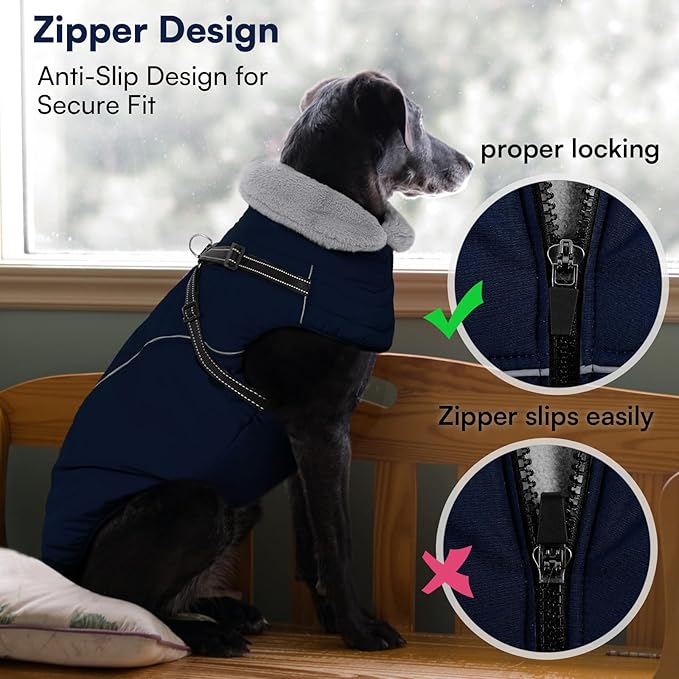 Queenmore Waterproof Dog Coat for Small Dogs,Reflective Windproof Dog Jackets with Built-in Harness,Dog Winter Coats with Zipper On Back,Warm Snowsuit with Fleece Lining,Navy Blue,S
