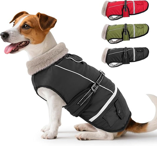 Dog Coat, Dog Winter Coat Jacket Waterproof for Large Dogs, Pet Vest Warm Fleece Cozy for Cold Weather, with Harness Built in Reflective, Dogs Snowsuit Windproof, Adjustable Buckle