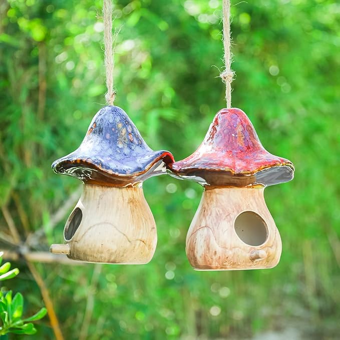 Yinns Birdhouses - Hanging Bird House, Set of 2 Bird Houses for Outside, Decorative Mushroom Bird House Blue and Red Ceramic Birdhouses for Wild Birds, Finch, Cardinal, and Bluebird