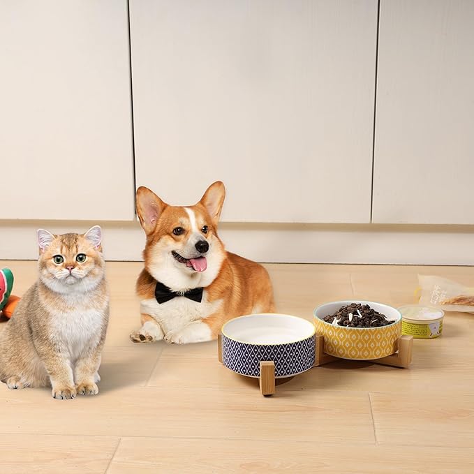 Selamica Ceramic 30 OZ Dog Bowls with Wooden Stand, Anti-Slip Dishes Set for Cats and Small Dogs, Weighted Bowls in Assorted Colors