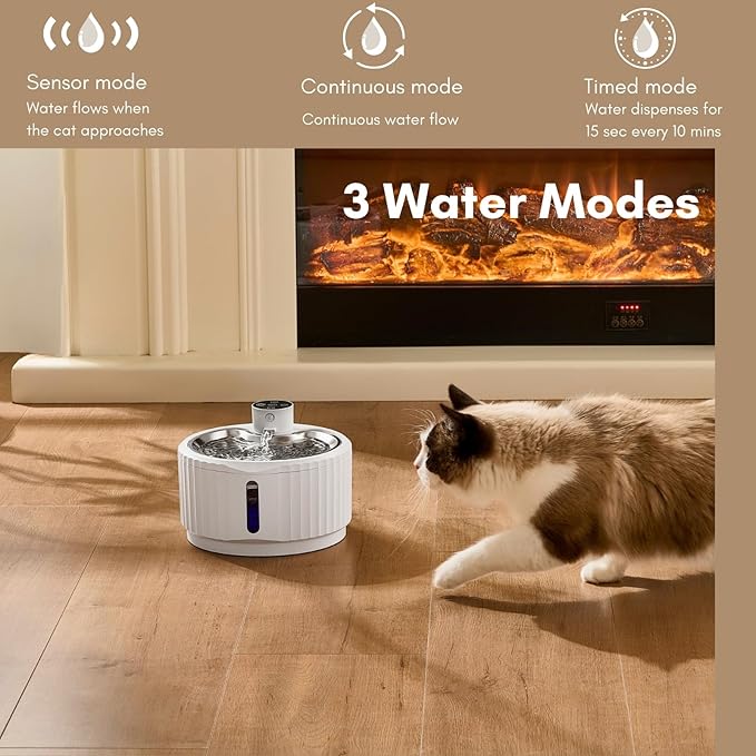 Leafur Cat Water Fountain, Battery Operated - Motion Sensor Pet Fountain 2.8L/95oz, Automatic Water Dispenser with Quiet Pump & Stainless Steel Tray (White Cordless)