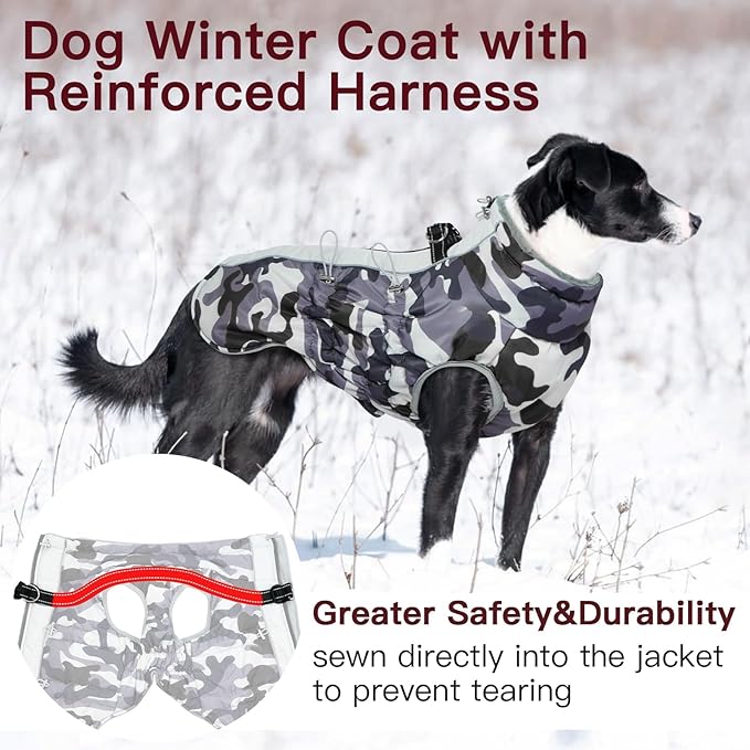 Medium Dog Coat Dog Winter Jacket,Warm Dog Coat with Harness Reflective Dog Snow Jacket Water-Resistant Dog Vest Zip Up Snowsuitfor Medium Dogs Jack Russell, Mini Schnauzer, Grey-Camouflage