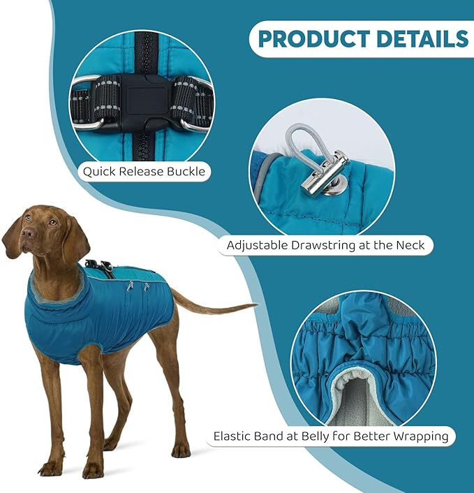 IDOMIK Warm Dog Coat with Harness Built-in, Thick Fleece Dog Winter Jacket with High Collar&Zipper, Waterproof Reflective Dogs Cold Weather Coats for Large Dogs, Pet Snow Jacket Vest(Blue,2XL)