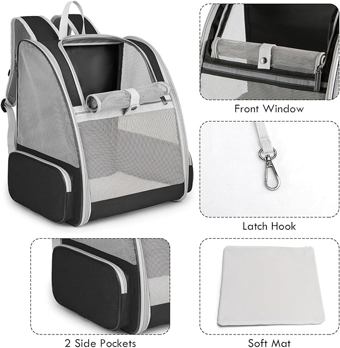 Cat Backpack Carrier, Large Pet Backpack with Kitten Wand Feather Toy for Medium Small Dog Cat Puppy Kitty Bunny up to 15lbs, Ventilated Mesh Dog Travel Carrier for Hiking Walking Outdoor Use (Black)