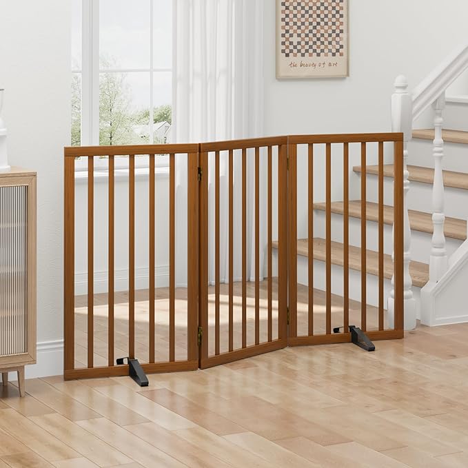 Dog Gates for Doorways, Tall Dog Gate Indoor, Foldable Pet Gates for Doorways Bedroom, Freestanding Puppy Gate with Metal Support Feet, Room Divider,3 Panels (Walnut)