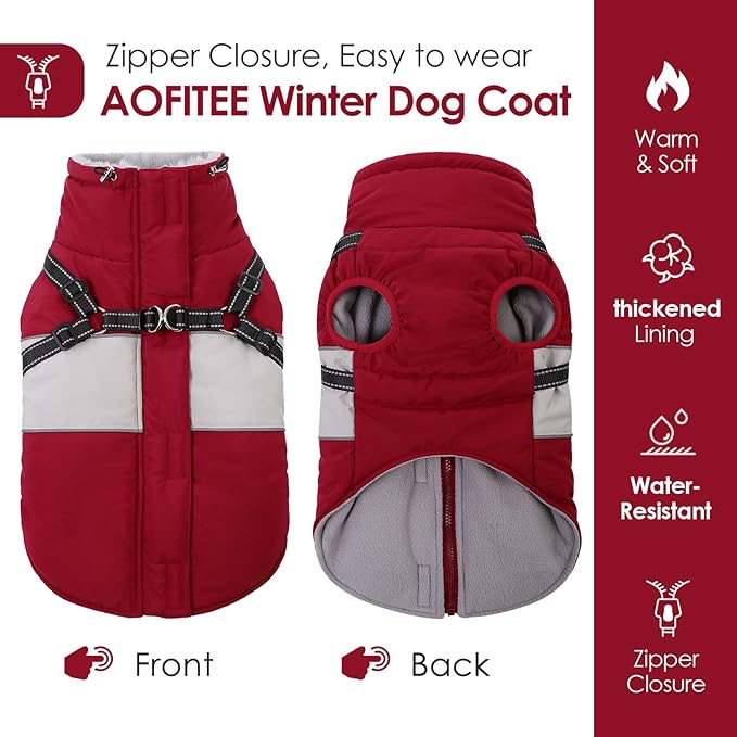 AOFITEE Dog Coat Warm Dog Winter Coat, Waterproof Dogs Jacket with Harness, Dogs Snow Jacket Snowsuit with Zipper & Furry Collar, Reflective Windproof Pet Sweater for Cold Weather, French Bulldog, L