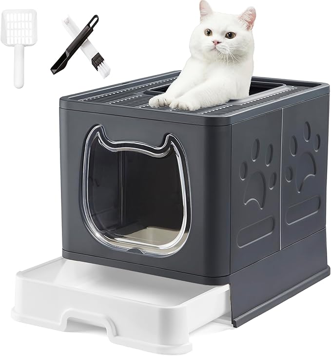Gefryco Litter Box with Lid for Small to Medium Cats, Enclosed Cat Litter Box with Cover，High Sided Top Entry Cat Box with Brush and Scoop, Cute Kitty Litter Pan with Drawer for Growing Kitten(Black)
