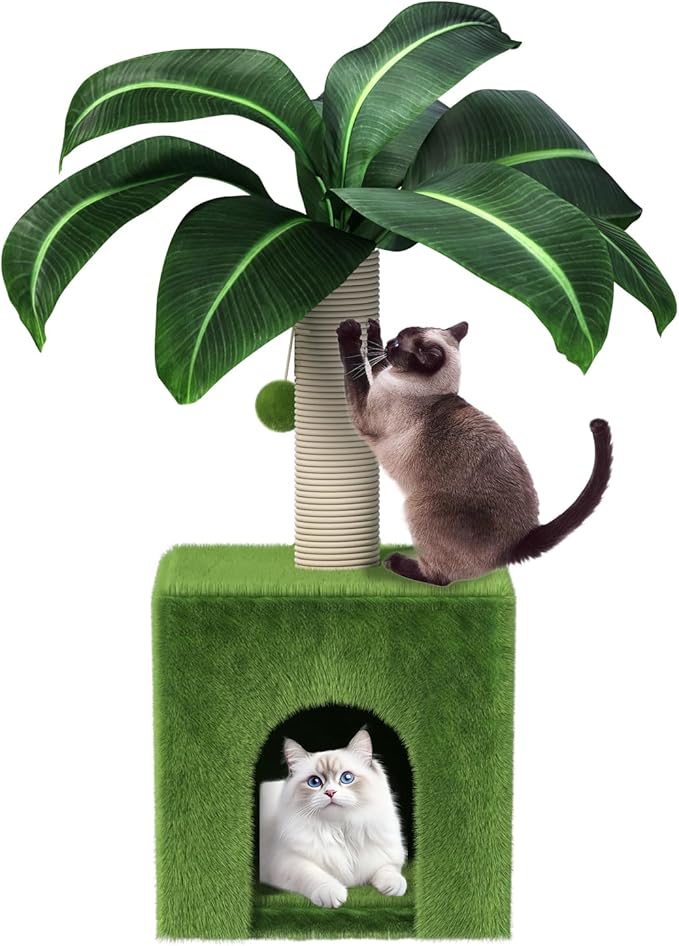 Cat Scratching Post with Condo, Palm Cat Tree Tower Natural Sisal Cat Scratcher Cat Bed Cat Furniture for Kittens and Cats