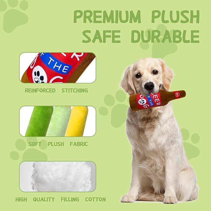 Plush Squeaky Dog Toy - Dog Beer Shape Interactive Chew Toy for Small/Medium/Large Dogs, Stuffed Funny Dog Toys, Ideal for Indoor Home Play & Outdoor Activities, Puppy Birthday Gift (3 Pack)