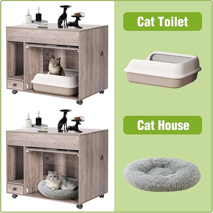 Cat Litter Box Enclosure Cabinet with Wheels, Wooden Hidden Litter Box Furniture with Large Storage, Flip Top Cat Cabinet Indoor with Drawer (Grey, Medium)