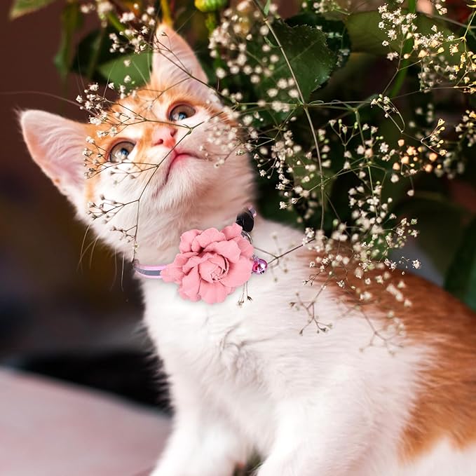 2 Pack Cute Cat Collar, Girls Cat Collars, Flexible Adjustable Floral Cats Bowtie Collar, Removable Kitten Collars with Bells for Boys Girls Cats Puppies Small Pets,Purple Pink