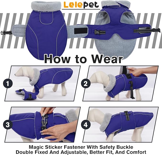 Lelepet Warm Dog Coat Reflective Fleece Vest Waterproof Dog Jacket with Adjustable Buckle Hook & Loop Windproof Cold Weather Coats for Small Medium Large Dogs, Blue, XL