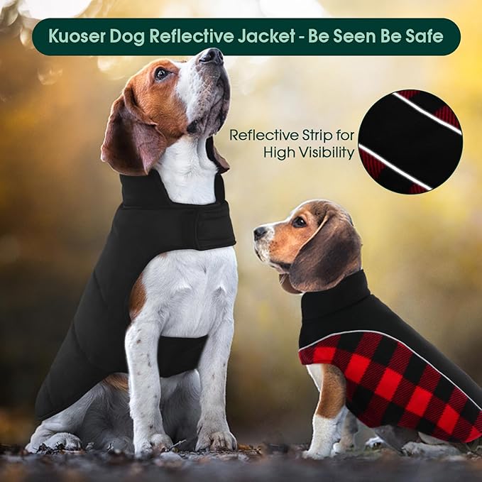 Kuoser Dog Winter Coat,Reversible Waterproof Dog Jacket with Leash Hole,Warm Dogs Fleece Vest Adjustable Doggy Cold Weather Clothes Plaid Christmas Outfit Pet Apparel for Extra Large Dogs,RedBlack 3XL
