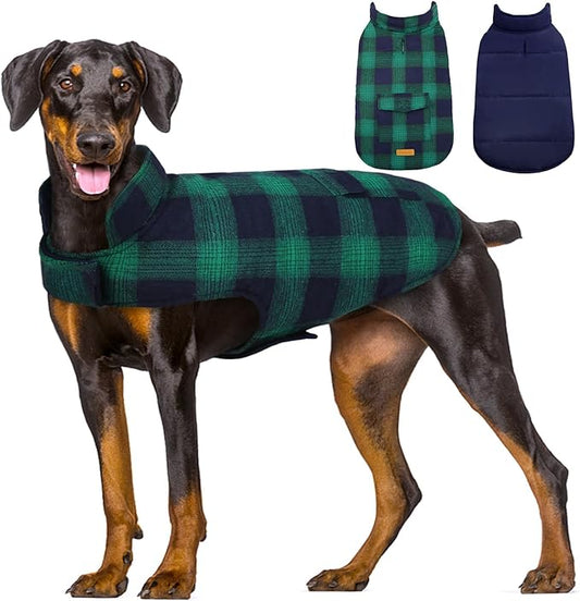 Kuoser Reversible Dog Jacket, Warm Winter Coat for Large Dogs, Warm Windproof Pet Cold Weather Clothes, Green XXL