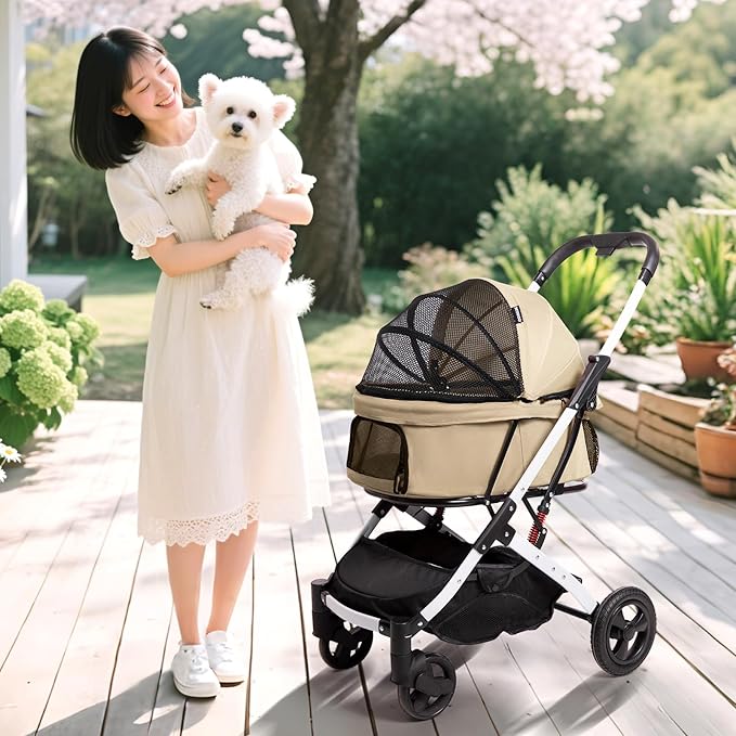 Pet Stroller for Medium Small Dog & Cat, Foldable Lightweight Dog Stroller with Storage Basket Pet Travel Carriage with Safety Leashes, 4 Wheel, Khaki