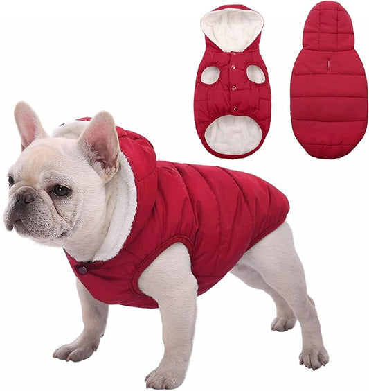 Fleece Hoodie, Windproof Waterproof Coat, Winter Warm Jacket for Dogs - Cold Weather Pet Apparel Clothes Vest for Small Medium Large (2XL, Red)