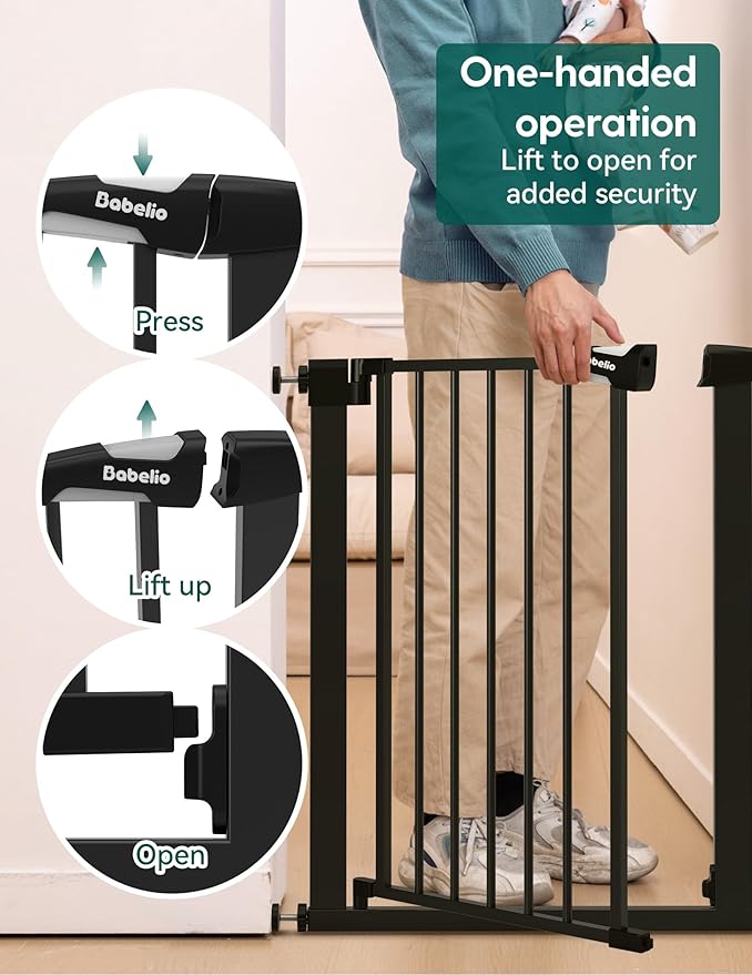 BABELIO 26-28.5 Inch Narrow Easy Install Baby Gate, Auto-Close Pet Gate for Small Stairs and Doorways, NO Drilling Pressure Mounted, NO Extensions, Black