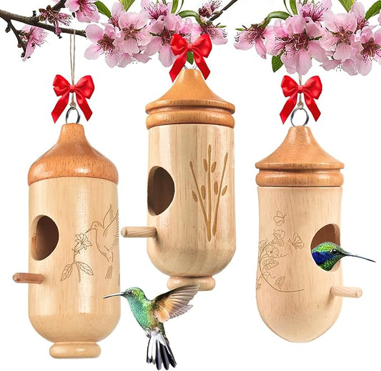 Hummingbird House, Solid Wood Hummingbird Houses for Outside-Exquisitely Handcrafted Birdhouse with Ribbon and String Hanging Kit, Durable Garden Decor, Perfect Gardening Gift (Style-ABC, 3 Pack)