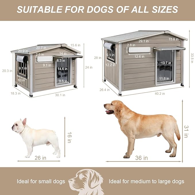 Outdoor Dog House with Chew-Proof Iron Frame, Wooden Dog Kennel Weatherproof，Removable Floor, Adjustable Vent Window, Easy Assembly for Large and Medium Dog 40.2" D x 26.4" W x 33.5" H
