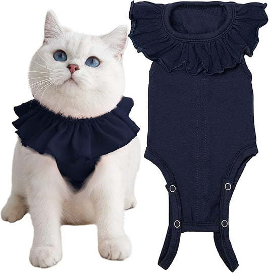 Cat Recovery Suit for Abdominal Wounds and Skin Diseases, Breathable Surgical Recovery Shirt After Surgery Wear Anti Licking Wounds,E-Collar Alternative for Cats Pet Kitten(RSC01-Navy-s)