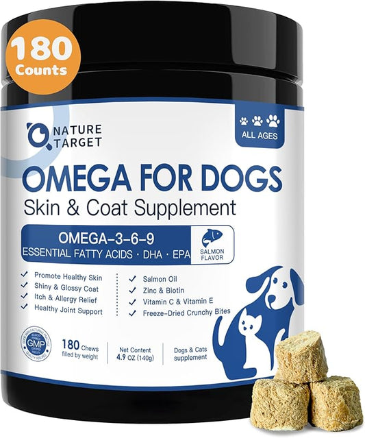 NATURE TARGET Omega 3 Fish Oil for Dogs, Salmon Oil for Dogs Skin and Coat with EPA & DHA Fatty Acids, Dog Itchy Skin Relief & Hot Spot Treatment, Anti Shedding, Support Hip & Joint Health - 180 ct
