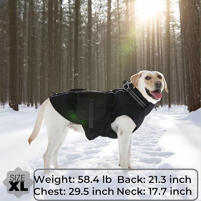 Dora Bridal Dog Winter Coat with Harness Built in, Medium Dogs Warm Windproof Reflective Dogs Jacket, Pet Vest with Molle Panels and 3 Pouches for Male Dog