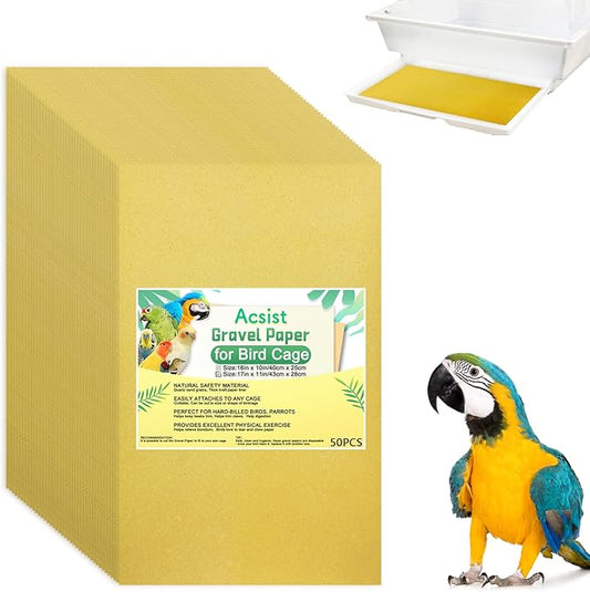 50PCS Gravel Paper for Bird Cage, 17 x 11 inch Cuttable Sea Sand Paper Liners, Calcium Sandpaper for Hard-Billed Birds, Bird Cage Liners for Parrots,Cockatiels & All Your Feathered Friends