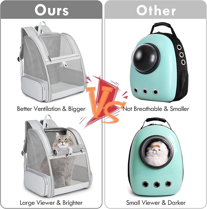 Cat Backpack Carrier, Large Pet Backpack with Kitten Wand Feather Toy for Medium Small Dog Cat Puppy Kitty Bunny up to 15lbs, Ventilated Mesh Dog Travel Carrier for Hiking Walking Outdoor Use (Grey)