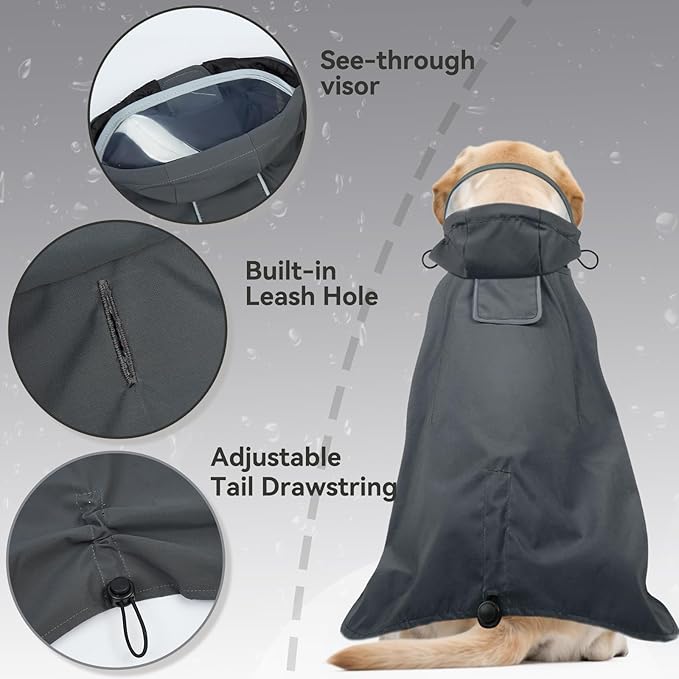 Dora Bridal Dog Raincoat for Large Dogs, Adjustable Clear Hooded Dog Rain Jacket, Waterproof Dogs Rain Coat Poncho with Reflective Strips for Labrador, Golden Retriever, German Shepherd, Grey,XL