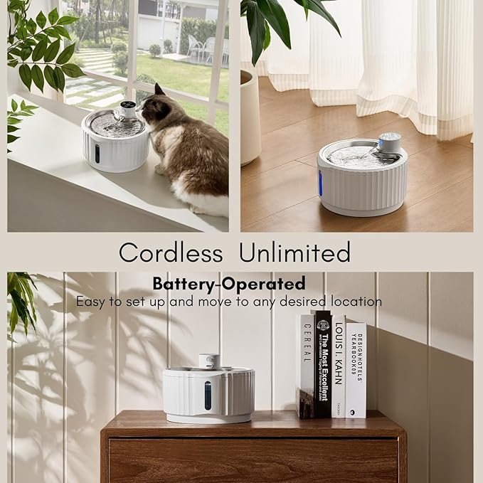 Leafur Cat Water Fountain, Battery Operated - Motion Sensor Pet Fountain 2.8L/95oz, Automatic Water Dispenser with Quiet Pump & Stainless Steel Tray (White Cordless)