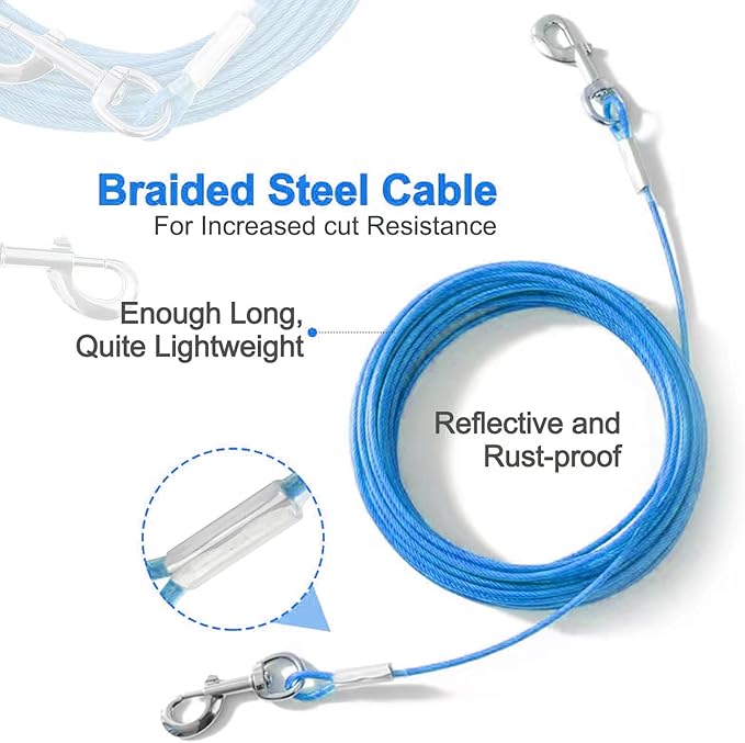 Tie Out Cable for Dogs,50FT Dog Leads,Heavy Duty Tie Out Cable for Large Dogs Up to 125lbs,Durable Dog Runner Tether Line for Outdoor,Yard