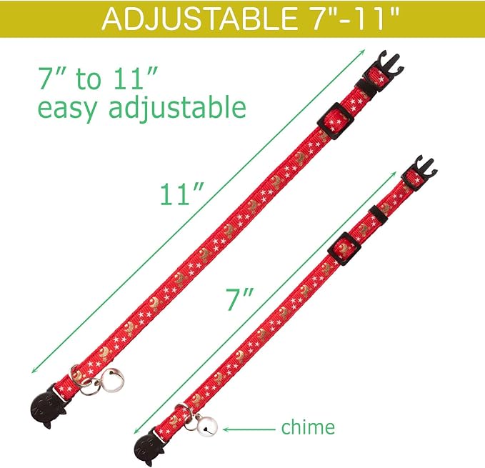 Cat Collar Stars and Moon, 4-Pack, Reflective with Bell, Solid & Safe Collars for Cats, Nylon, Kitty Collars, Pet Collar, Breakaway Cat Collar