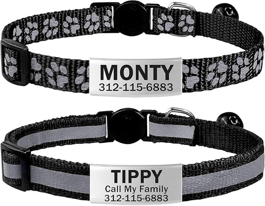 TagME 2 Pack Cat Collar with Name Tag, Personalized Reflective Cat Collar Breakaway with Bell for Boy & Girl Kitten, Black