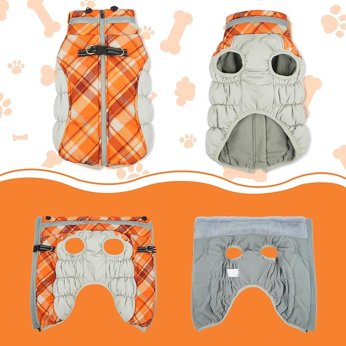 Lelepet Dog Coat Warm Dog Winter Coat Waterproof Dogs Jacket with Harness Built in Reflective Pet Fleece Vest Zip-Up Cold Weather Coats for Dogs Turtleneck & Windproof Coats Chihuahua Orange Plaid XS
