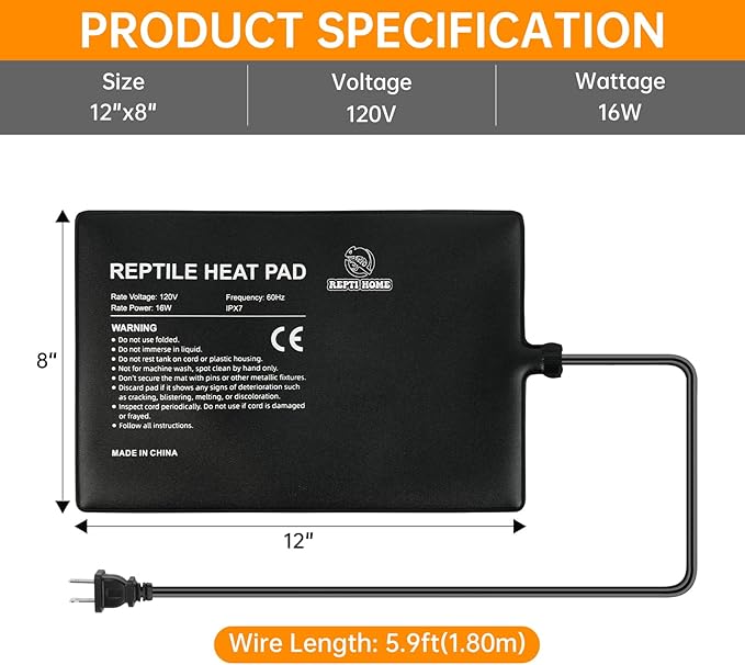 Reptile Heat Pad 8x12 Inch 24W, Terrarium Heating Mat Under Tank, Reptile Heat Mat/Pad for Amphibians, Turtle, Lizard, Bearded Dragon, Hermit Crab, Frog, Snake