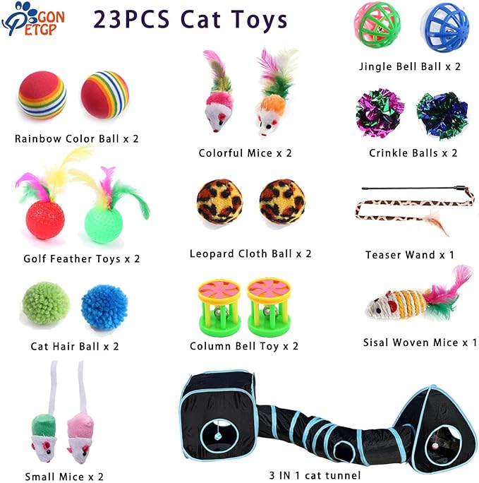 Collapsible Pet Tunnel Cube Tent Toys, Interactive Cat Feather Teaser Wand Cat Bell Balls Fuzzy Ball Springs Mouse Toys for Indoor Kittens (Black)