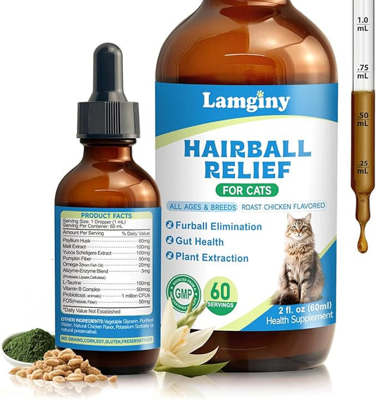 Hairball Relief for Cats - Cat Hairball Remedy for Digestive Health Aid, Immune Support, Skin Coat Support, Furball Control with Psyllium Husk, Pumpkin Fiber, Omega-3, Enzyme, Vitamin, 60ml