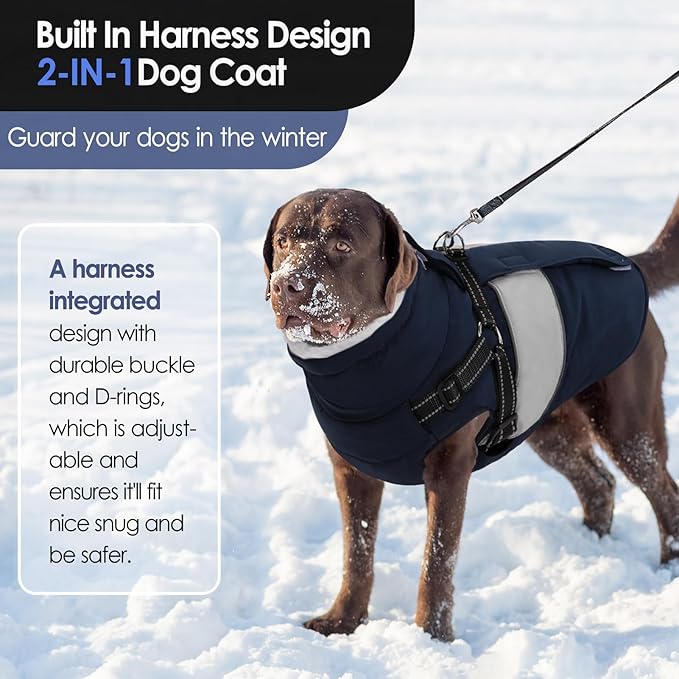 AOFITEE Dog Coat, Large Dog Jacket, Dogs Coat with Harness Built in, Reflective Waterproof Dogs Jackets Winter with Furry Collar, Warm Polar Fleece Pet Sweater Snowsuit for Doberman, Great Dane XXXL