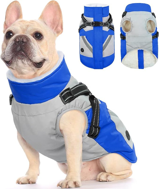 FUAMEY Dog Winter Jackets for Small Dogs,Dog Coat with Harness Built in,Waterproof Dogs Snowsuits Warm Pet Jacket Zip Up Fleece Cold Weather Coats Reflective Puppy Vest with Pocket Blue S